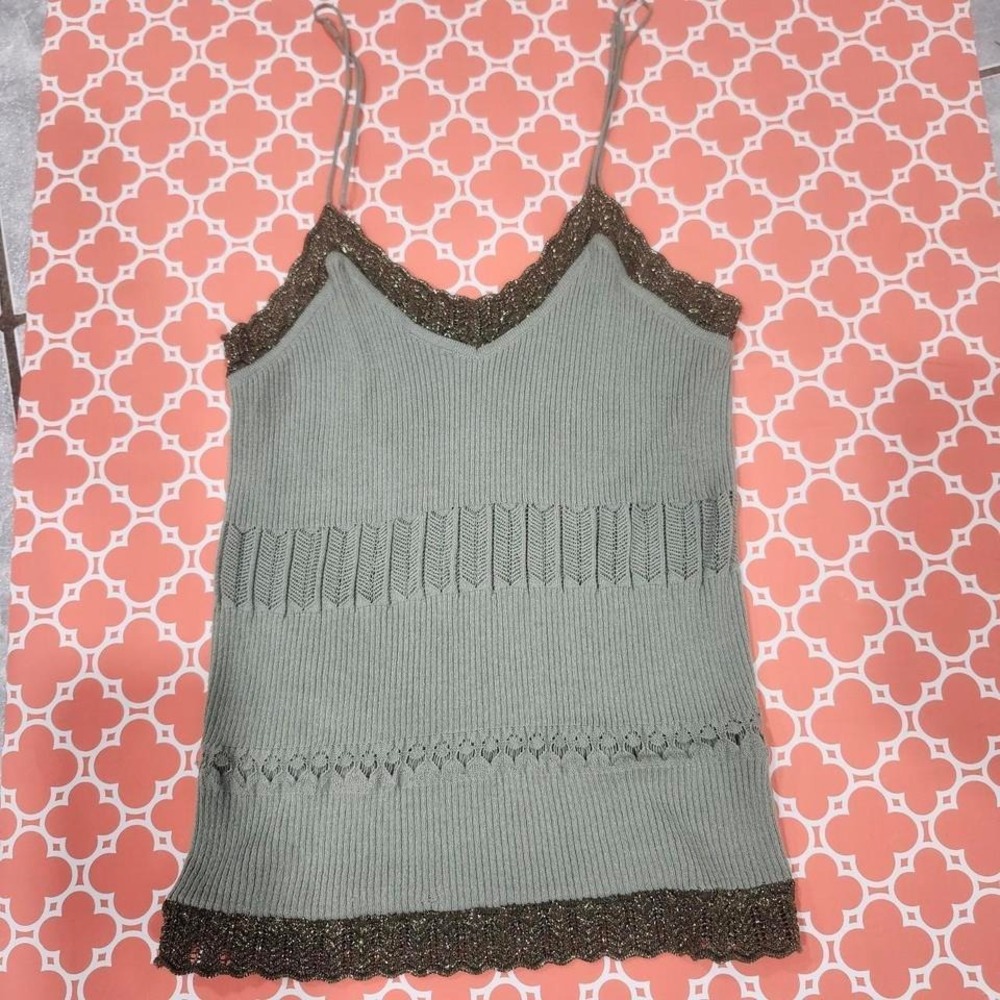 Green and Brown copper sparkle lace trim tank top
